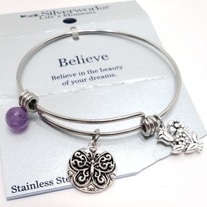 Silverworks Stainless Steel Adjustable "Believe" Bangle Charm Bracelet
